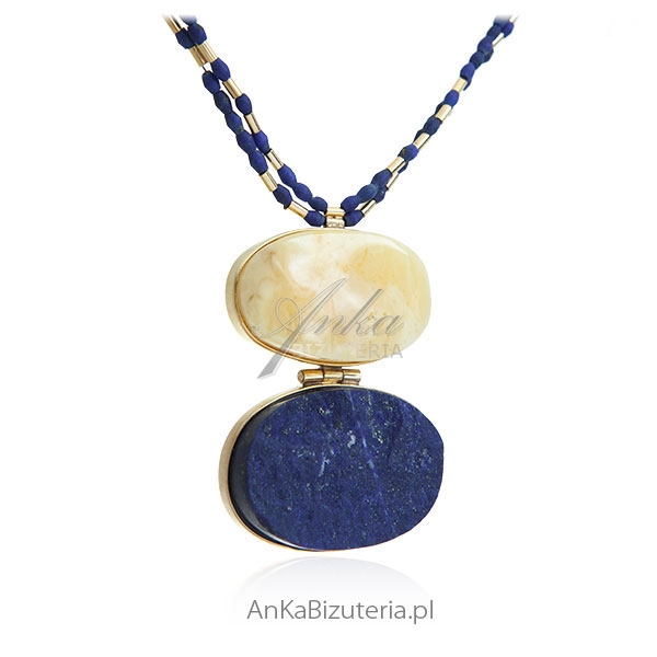 piekna bizuteria damska naszyjnik srebrny z bursztynem i lapis lazuli druzda